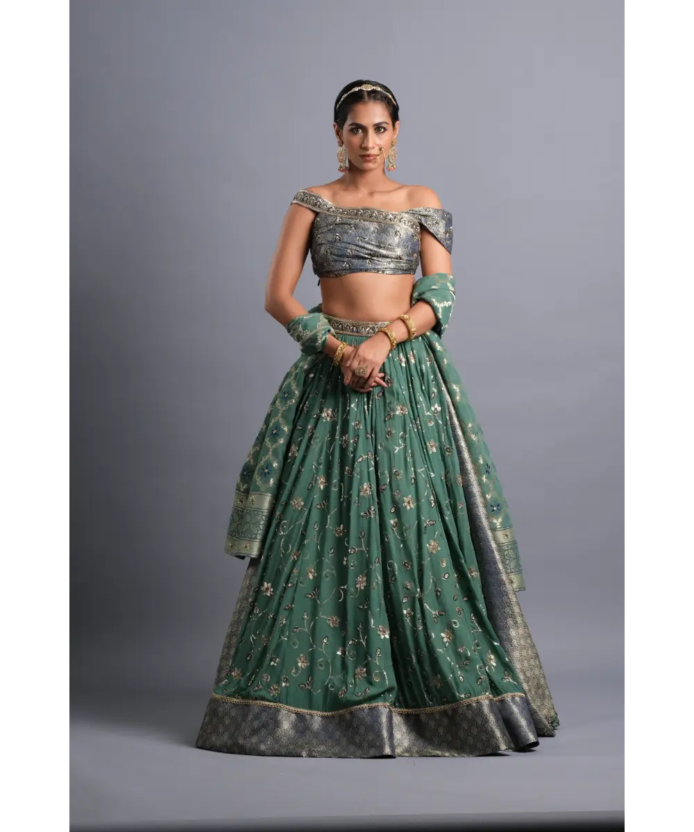 AASTHA SOOD - Teal green georgette Zardozi Lehenga